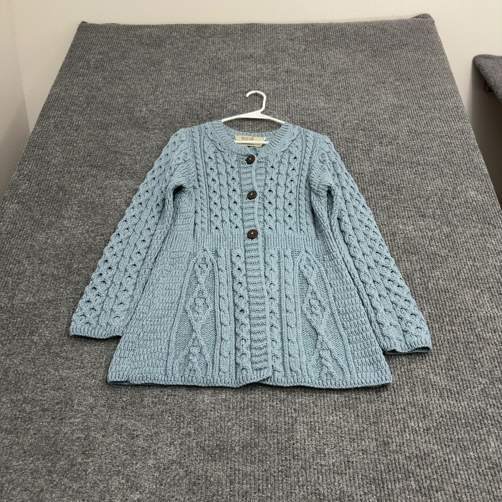 Aran Sweater Market Cardigan Womens M Blue Wool Cable Knit Button Up Cottagecore